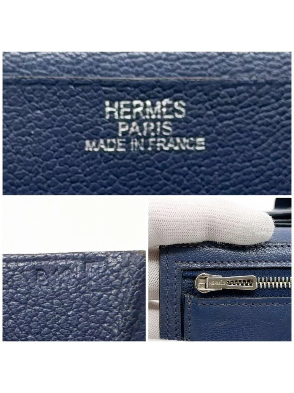 Hermes Bearn Soufflet Chevre Navy Wallet Silver Bifold